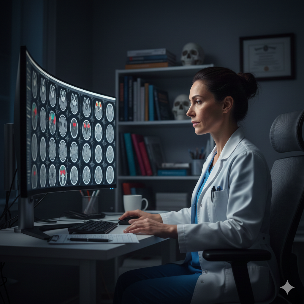 A doctor sits at a desk reviewing a patient's brain scans on a large, curved monitor.